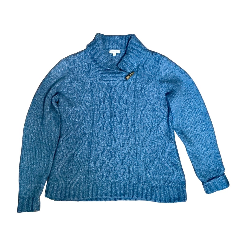 Orvis Womens Blue Cable Knit Shawl Collar Toggle Pullover Sweater Heritage SzL